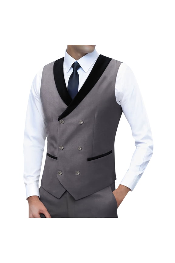 Fashion Mens Tuxedo Vest Double Breasted Shawl Collar Slim Fit Waistcoat U Neck Suit Dress Wedding Formal Tuxdeo Gray XL
