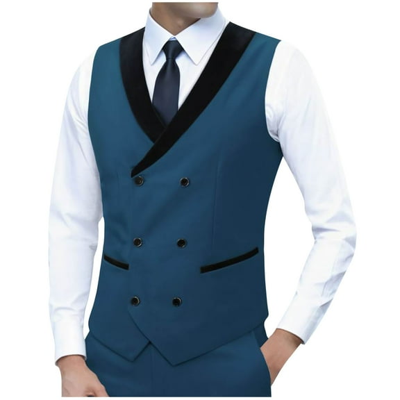 ZCFZJW Fashion Mens Tuxedo Vest Double Breasted Shawl Collar Slim Fit Waistcoat U Neck Suit Dress Wedding Formal Tuxdeo Navy S