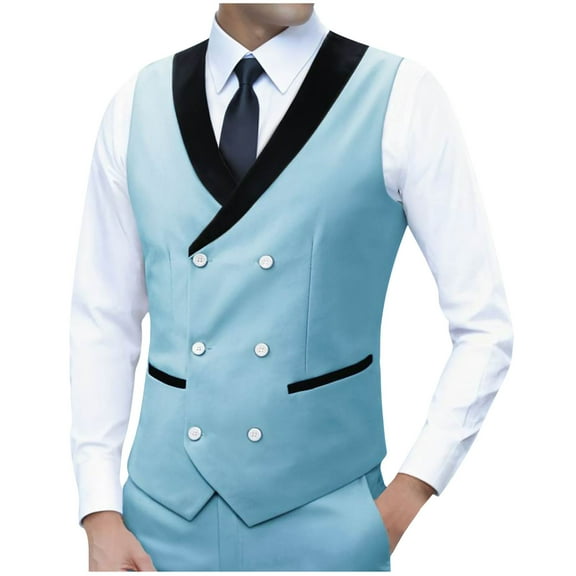 ZCFZJW Fashion Mens Tuxedo Vest Double Breasted Shawl Collar Slim Fit Waistcoat U Neck Suit Dress Wedding Formal Tuxdeo Sky Blue XXXL