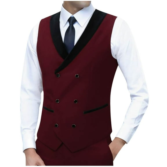 ZCFZJW Fashion Mens Tuxedo Vest Double Breasted Shawl Collar Slim Fit Waistcoat U Neck Suit Dress Wedding Formal Tuxdeo Wine S