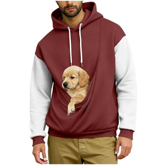 ZCFZJW Fashion Pet Carrier Hoodie for Men Color Block Long Sleeve Drawstring Fuzzy Fleece Kitten Cat Puppy Holder Kangaroo Pocket Unisex Cozy Soft Dog Pouch Sweatshirt Wine#01 XXL