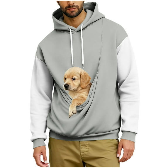 ZCFZJW Fashion Pet Carrier Hoodie for Men Color Block Long Sleeve Drawstring Fuzzy Fleece Kitten Cat Puppy Holder Kangaroo Pocket Unisex Cozy Soft Dog Pouch Sweatshirt Gray#01 XXL