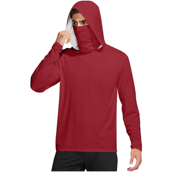 ZCFZJW Fishing Shirts for Men, Lightweight Quick Dry Summer Hooded Sun Shirt with Mask Long Sleeve UPF 50 Rash Guards Cooling Lightweight Hoodies Tops Red L