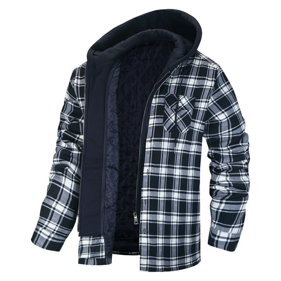 ZCFZJW Flannel Jackets for Men Big and Tall Regular Fit Casual Long Sleeve Plaid Shirt Jacket Fall Winter Thick Warm Quilt Lined Hooded with Button Down Winter Coat with Pockets Black XXL