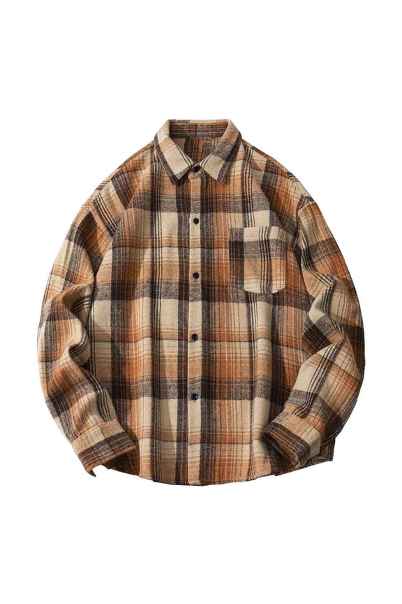Flannel Plaid Button Down Shirts for Men Lightweight Casual Fall Winter Long Sleeve Button Down Fleece Soft Cotton Jackets with Pockets Coffee XL