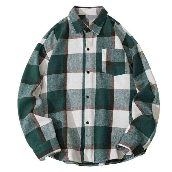 ZCFZJW Flannel Plaid Button Down Shirts for Men Lightweight Casual Fall Winter Long Sleeve Button Down Fleece Soft Cotton Jackets with Pockets Green XXL