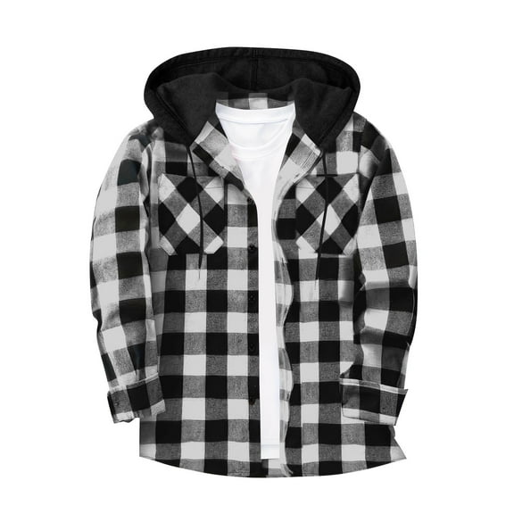 ZCFZJW Flannel Plaid Hoodie Shirts for Men Big and Tall Regular Fit Button up Casual Fall Long Sleeve Drawstring Patchwork Hooded Pullover Sweatshirts with Double Chest Pockets Black M