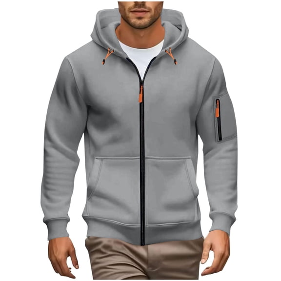 ZCFZJW Full Zip up Hoodie Jackets for Men Big and Tall Regular Fit Casual Drawstring Long Sleeve Hooded Pullover Sweatshirts Fashion Outdoor Hiking Outwear Coat with Pockets Gray L