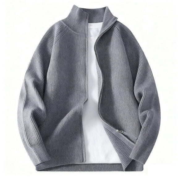 ZCFZJW Full Zip up Sweaters for Men Big and Tall Regular Fit Casual Long Sleeve Mock Neck Ribbed Knit Cardigan Outwear Jacket Tops Gray XL