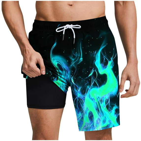ZCFZJW Funny 3D Novelty Flame Pattern Print Swimming Bathing Shorts for Men Quick Dry Summer Drawstring Elastic Waist Beach Swim Trunks with Pocket and Compression Liner Mint Green XL
