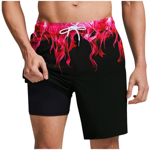 ZCFZJW Funny 3D Novelty Flame Pattern Print Swimming Bathing Shorts for Men Quick Dry Summer Drawstring Elastic Waist Beach Swim Trunks with Pocket and Compression Liner Watermelon Red L