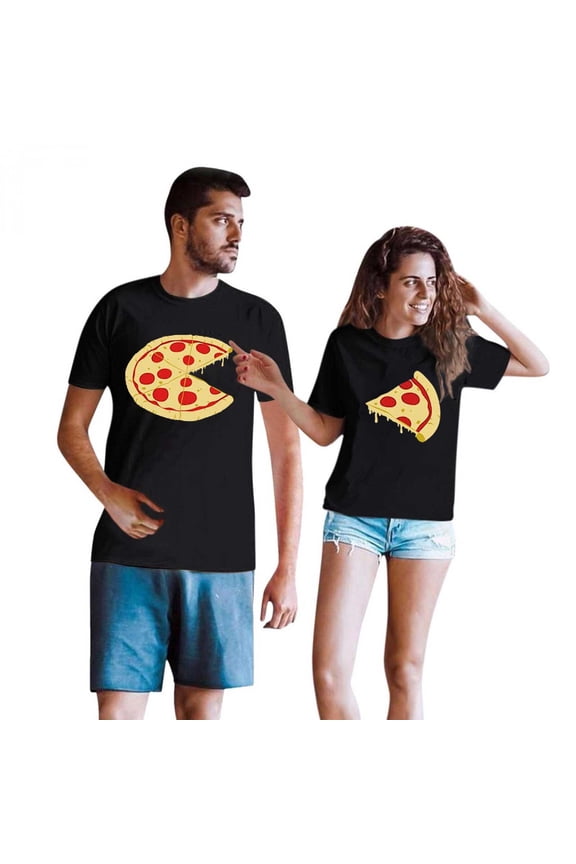 Funny Pizza and Slice Print Matching T-Shirts for Her Him Short Sleeve Women Men Casual Round Neck Couple Shirts Loose Valentine's Tops Beach Hawaiian Blouse Black Men-XL