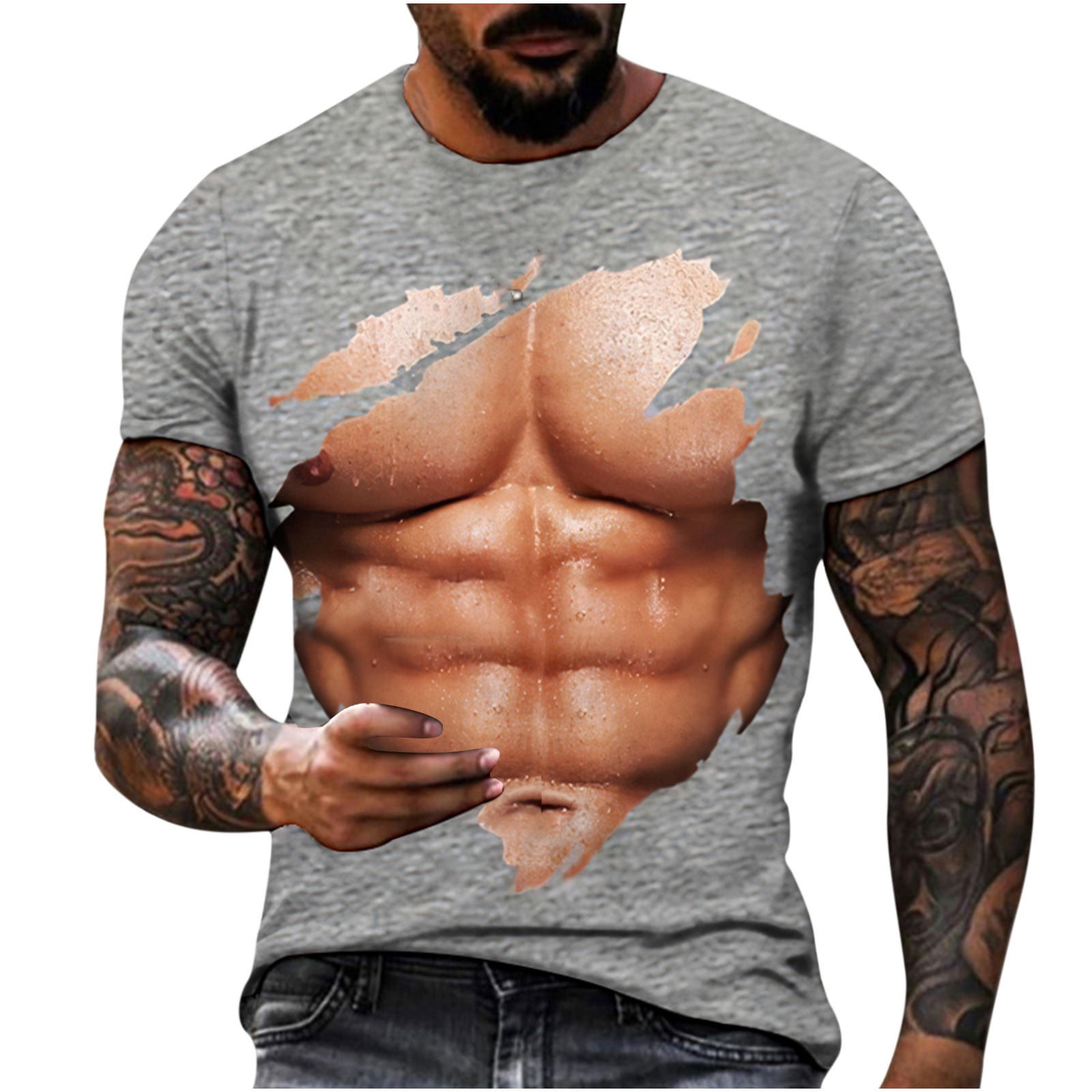 Funny Shirts for Men Casual Stylish Short Sleeve Contrast Color Print  Pullover T Shirt Summer Muscle Fit Tees Top