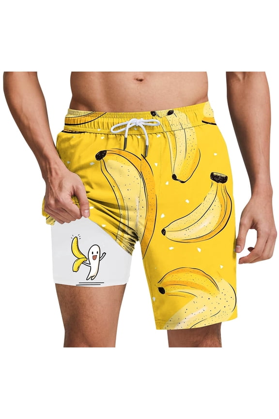 Funny Printed Swim Trunks for Men with Compression Line Big and Tall Regular Fit Casual Drawstring Elastic Waist Beach Bathing Suit Lightewight Quick Dry Boardshorts with Pockets Yellow M