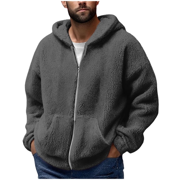 ZCFZJW Fuzzy Hoodie Jackets for Men Big and Tall Regular Fit Casual Sherpa Fleece Long Sleeve Full Zip up Hooded Outwear Coat Winter Plush Thick Warm Fashion Outfits Gray XL