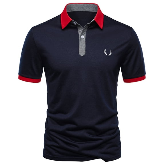 ZCFZJW Golf Shirts for Men Big and Tall Regular Fit Casual Summer Short Sleeve Lapel Collar Button Down Plain Tees Shirt Trendy Color Splicing Tops Dark Blue M