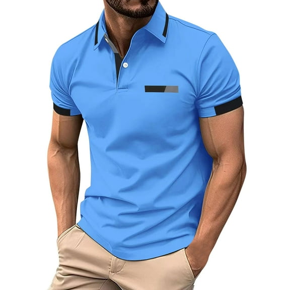 ZCFZJW Golf Shirts for Men Short Sleeve Regular Fit Moisture Wicking Performance Casual Summer Striped Print Mens Polo Shirts with Pockets Blue L