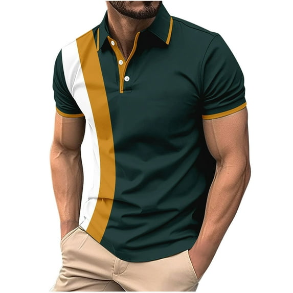 ZCFZJW Golf Shirts for Men - Trendy Color Block Print Summer Short-Sleeve Polo Shirts, Athletic Casual Collared Workout T-Shirt Tops Army Green S