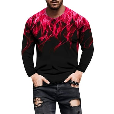ZCFZJW Graphic T Shirts for Men Regular Fit Big and Tall 3D Realistic Flame Printed Crewneck Pullover Tees Sprint Trendy Cool Funny Long Sleeve Tops Red L