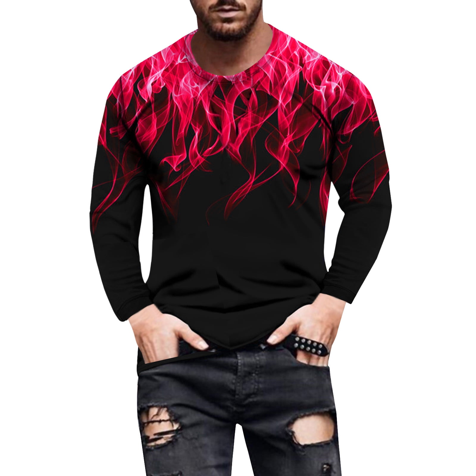 ZCFZJW Men's Long Sleeve T-Shirt, 3D Flame Printed, Crewneck
