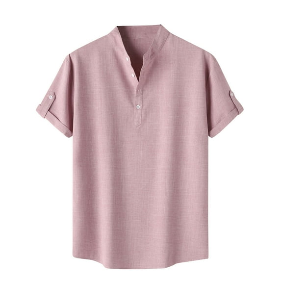 ZCFZJW Half Button up Shirts for Men Casual Solid Color Rolled Short Sleeve V Neck Plain Tees Shirt Tops Loose Lightweight Comfy Workout T-Shirts Pink M