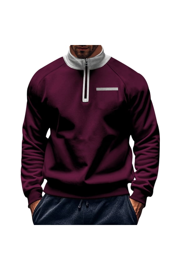 Half Zip Pullover Men Lightweight Regular Fit Long Sleeve Polo Shirts Loose Casual Comfy Mock Neck Sweatshirt with Pockets Wine XXL
