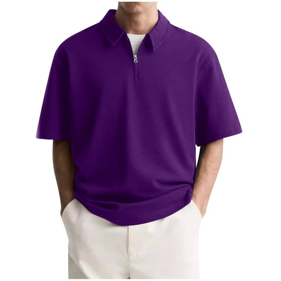 ZCFZJW Half Zip up Shirts for Men Big and Tall Regular Fit Casual Short Sleeve Lapel Collar V Neck Pullover Tops Loose Lightweight Comfy Workout T-Shirts Purple XXXXL