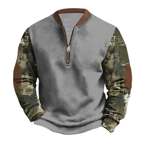ZCFZJW Half Zipper Camo Sweatshirts for Men Lightweight Regular Fit Casual Patchwork Long Sleeve Tactical Shirts Trendy Athletic Tees Shirt Tops XXXXXL
