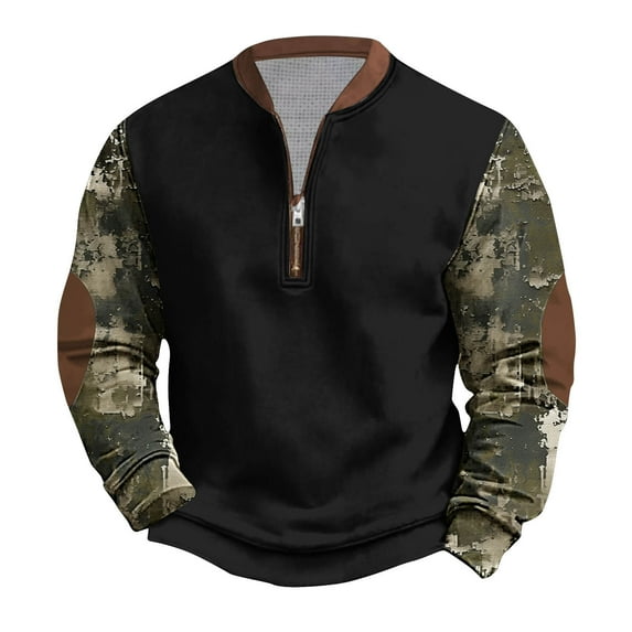 ZCFZJW Half Zipper Camo Sweatshirts for Men Lightweight Regular Fit Casual Patchwork Long Sleeve Tactical Shirts Trendy Athletic Tees Shirt Tops XXXXXL
