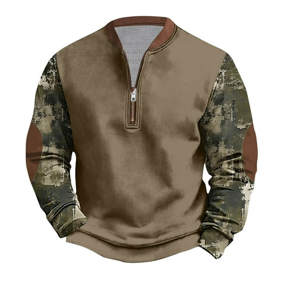 ZCFZJW Half Zipper Camo Sweatshirts for Men Lightweight Regular Fit Casual Patchwork Long Sleeve Tactical Shirts Trendy Athletic Tees Shirt Tops S