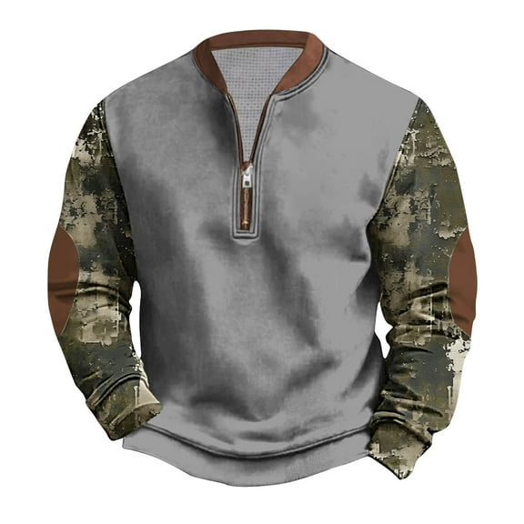 ZCFZJW Half Zipper Camo Sweatshirts for Men Lightweight Regular Fit Casual Patchwork Long Sleeve Tactical Shirts Trendy Athletic Tees Shirt Tops XXXL