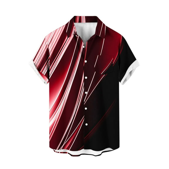ZCFZJW Hawaiian Bowling Shirts for Men Big and Tall Regular Fit Casual Striped Color Block Printed Short Sleeve Button Down Shirt Lightweight Beach Vacation Tees Tops with Pockets Red L