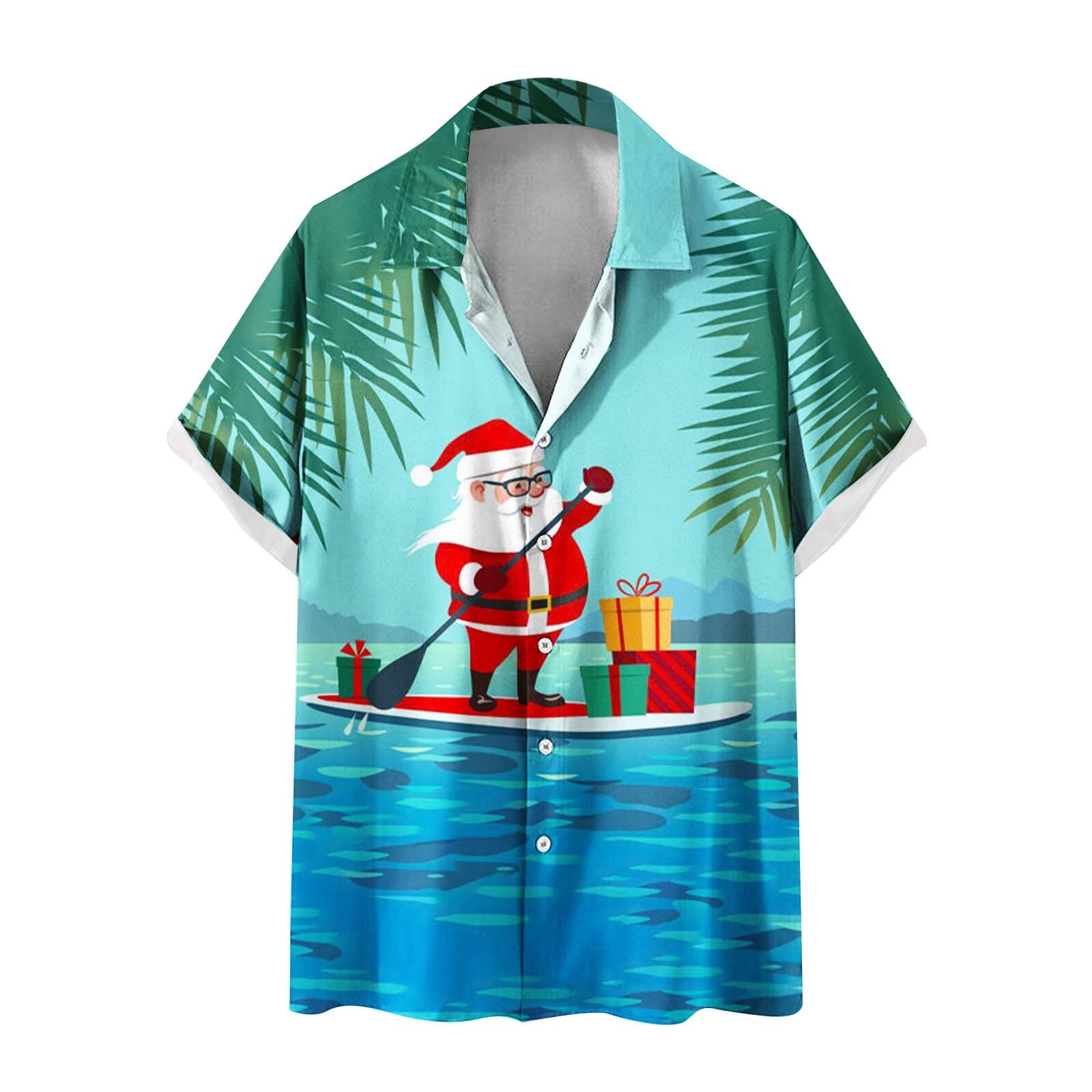 ZCFZJW Hawaiian Bowling Shirts for Men Cute Santa Claus Print Short Sleeve  Button Down Dress Shirt Casual Beach Christmas Holiday Shirts Light Blue XL