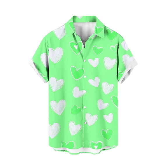 ZCFZJW Hawaiian Shirt for Men Loose Regular Fit Casual Valentine Day Heart Pattern Print Short Sleeve Button Down Graphic Beach Holiday T-Shirts Tops Green M