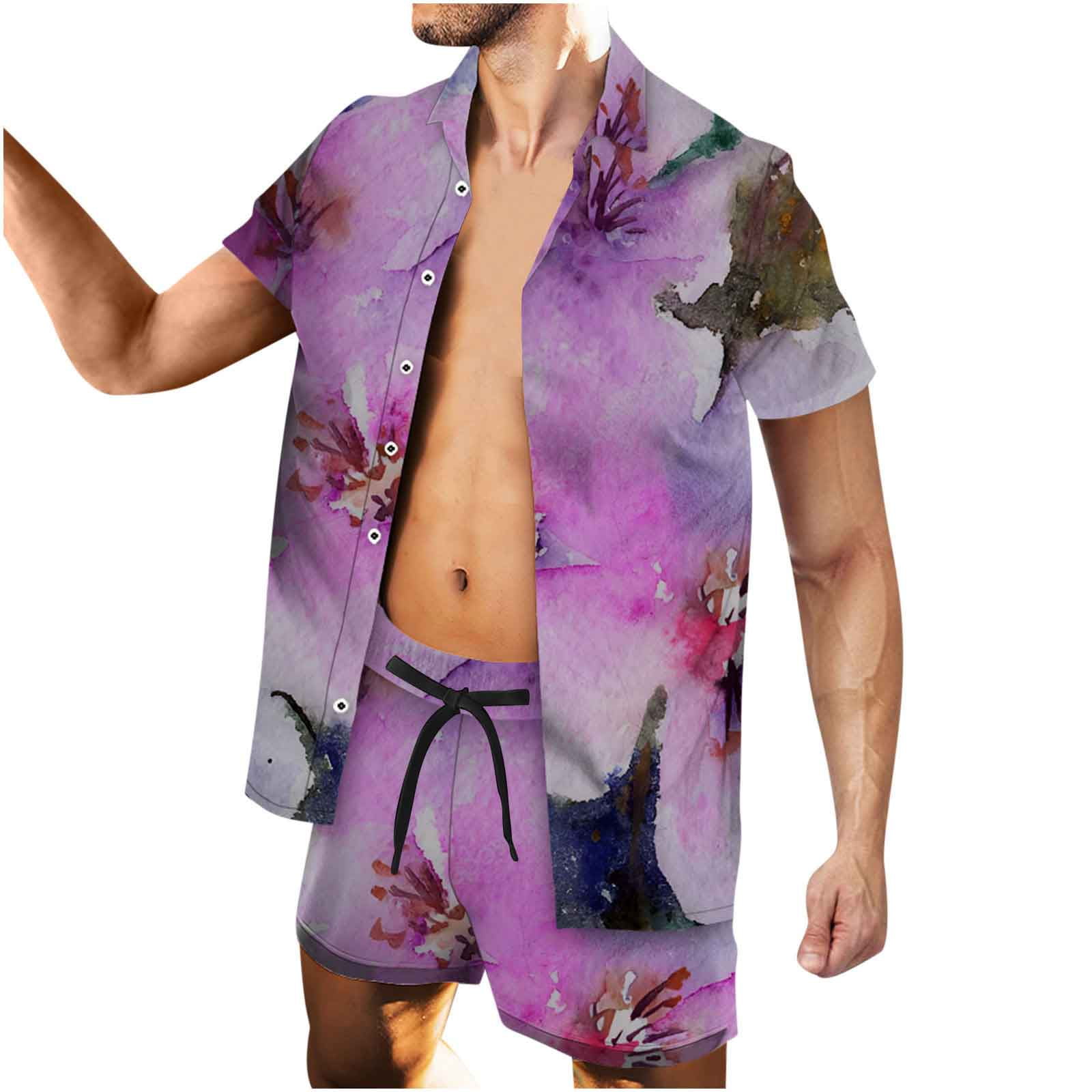 ZCFZJW Hawaiian Shirt for Men Tie Dye Flower Print Summer Casual Button  Down Short Sleeve Hawaiian Shirt Beach Shorts Outfit Suits Set Blue L 