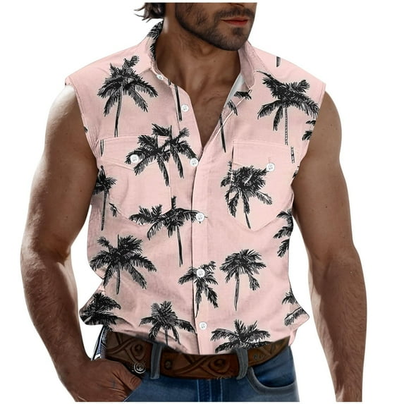 ZCFZJW Hawaiian Shirts for Men Lightweight Casual Summer Tropical Palm Tree Print Sleeveless Button Down Graphic Beach Tank T-Shirts Tops with Double Chest Pockets Pink S