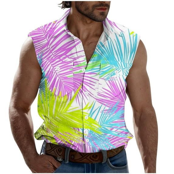 ZCFZJW Hawaiian Shirts for Men Lightweight Casual Summer Tropical Palm Tree Print Sleeveless Button Down Graphic Beach Tank T-Shirts Tops with Double Chest Pockets Multicolor#01 S