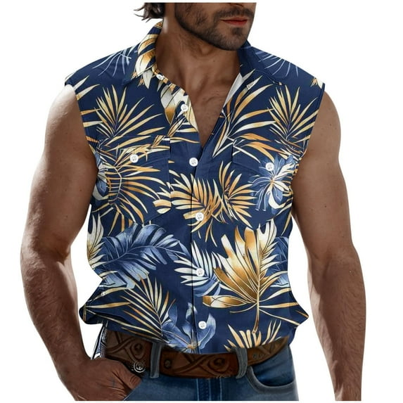 ZCFZJW Hawaiian Shirts for Men Lightweight Casual Summer Tropical Palm Tree Print Sleeveless Button Down Graphic Beach Tank T-Shirts Tops with Double Chest Pockets Dark Blue#01 S