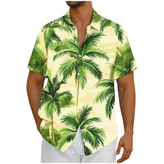 ZCFZJW Hawaiian Shirts for Men Summer Tropical Palm Tree Print Short Sleeve Button Down Graphic Holiday Vacation Tees Tops Trendy Beach Outfit Clothes Yellow#02 L