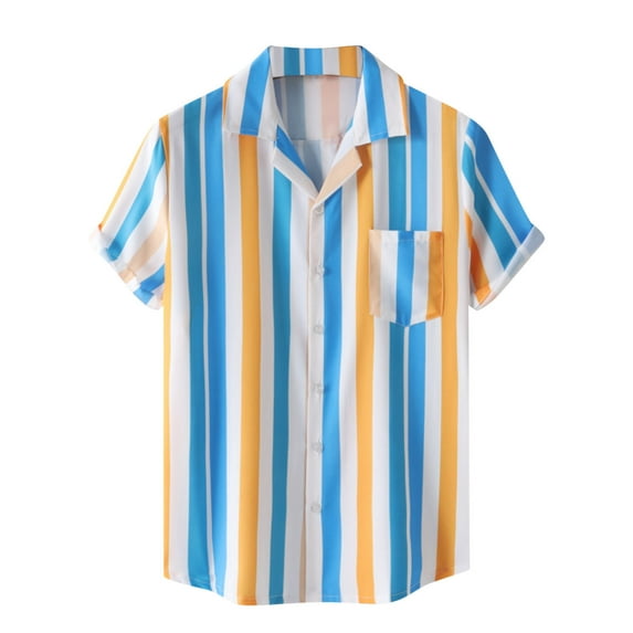 ZCFZJW Hawaiian Shirts for Men Short Sleeve Aloha Beach Shirt Colorful Striped Print Summer Casual Button Down Shirts with Pockets Blue M