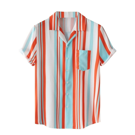 ZCFZJW Hawaiian Shirts for Men Short Sleeve Aloha Beach Shirt Colorful Striped Print Summer Casual Button Down Shirts with Pockets Orange XXL