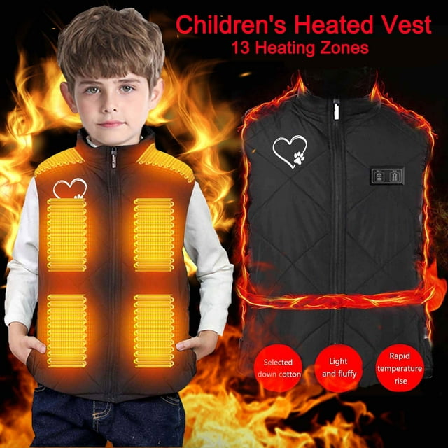 ZCFZJW Heated Jacket Heated Vest for Kids Boy Girls, Sleeveless Lightweight USB Rechargeable Thick Warm Windproof Full Zip Up Down Jacket, Battery Not Included(Black#60,10-11 Years)