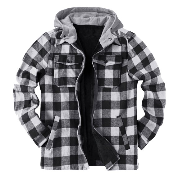 ZCFZJW Heavy Thick Flannel Plaid Jacket Sherpa Fleece Lined Hoodies for Men Zip Up Winter Warm Coat Outwear Buffalo Zipper Sweatshirt with Pockets White M