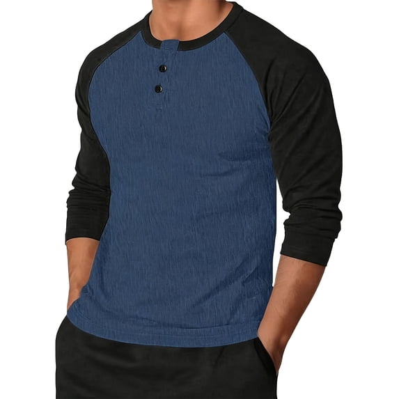 ZCFZJW Henley Shirts for Men Casual Quarter Button up Raglan Long Sleeve Patchwork Crewneck Pullover Sweatshirts Trendy Basic Slim Fit Athletic Tees Shirt Tops Blue XL
