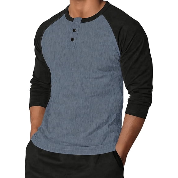 ZCFZJW Henley Shirts for Men Casual Quarter Button up Raglan Long Sleeve Patchwork Crewneck Pullover Sweatshirts Trendy Basic Slim Fit Athletic Tees Shirt Tops Light Blue XXXXL