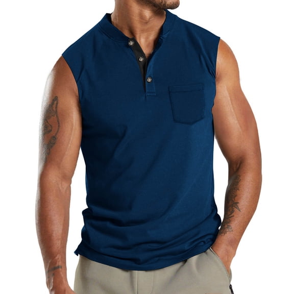 ZCFZJW Henley Tank Top Men Summer Lightweight Casual Sleeveless V Neck Button Up Muscle T Shirts with Pocket Beach Vacation Tees Vest for Men Blue S