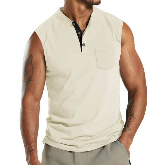 ZCFZJW Henley Tank Top Men Summer Lightweight Casual Sleeveless V Neck Button Up Muscle T Shirts with Pocket Beach Vacation Tees Vest for Men Khaki S