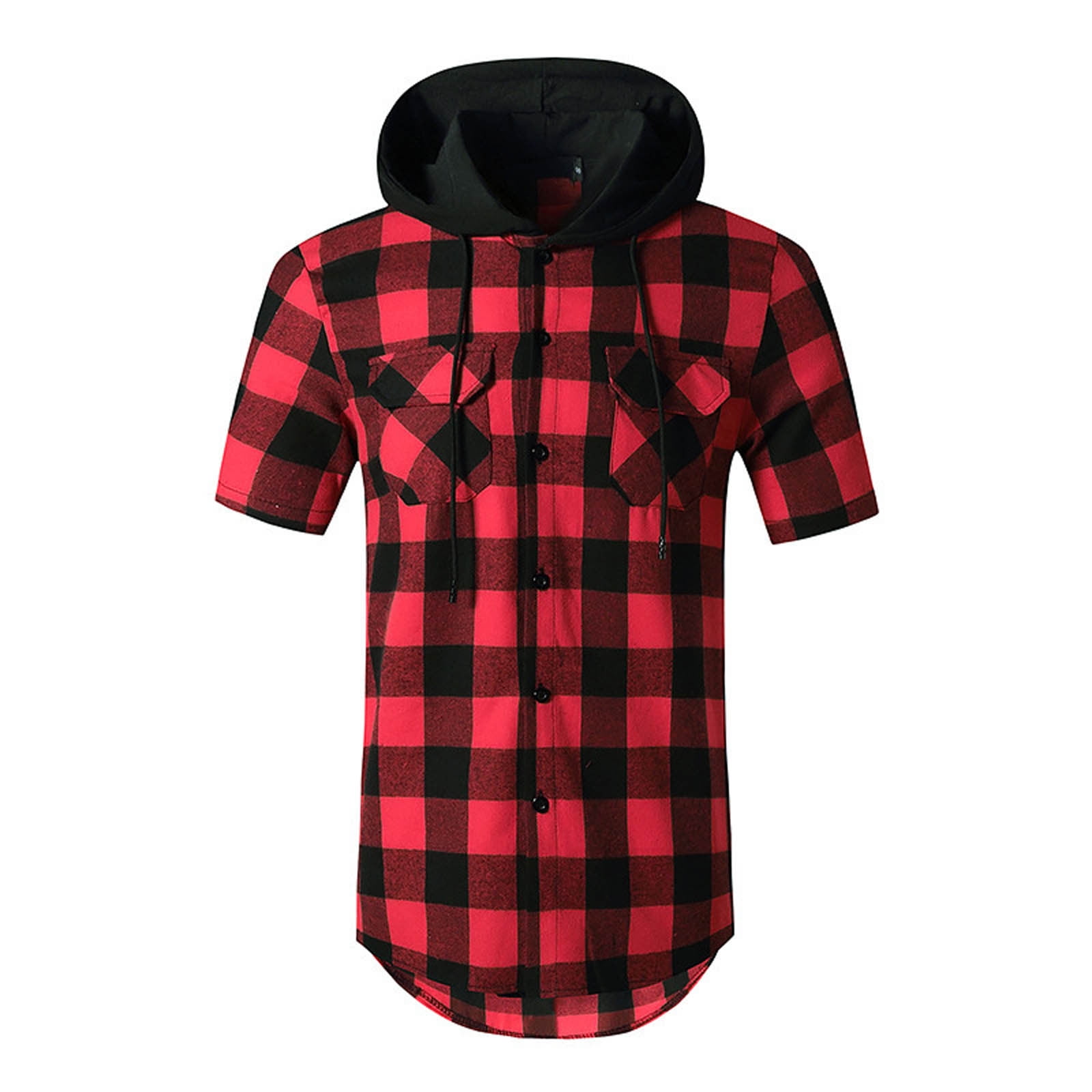 ZCFZJW Hoodie Shirts for Men Casual Summer Short Sleeve Buffalo Plaid Print Drawstring Hooded Tops Trendy Lightweight Comfy T Shirt with Pockets Red XXL Walmart