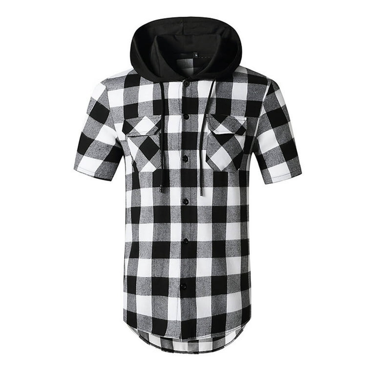 ZCFZJW Hoodie Shirts for Men Casual Summer Short Sleeve Buffalo Plaid Print  Drawstring Hooded Tops Trendy Lightweight Comfy T-Shirt with Pockets White