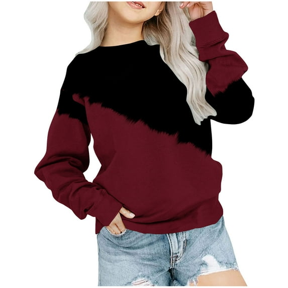 ZCFZJW Kids Color Block Printed Sweatshirts Cute Boys Girls Long Sleeve Crewneck Pullover Tops Loose Fit Casual Graphic T-Shirts Red 11-12 Years